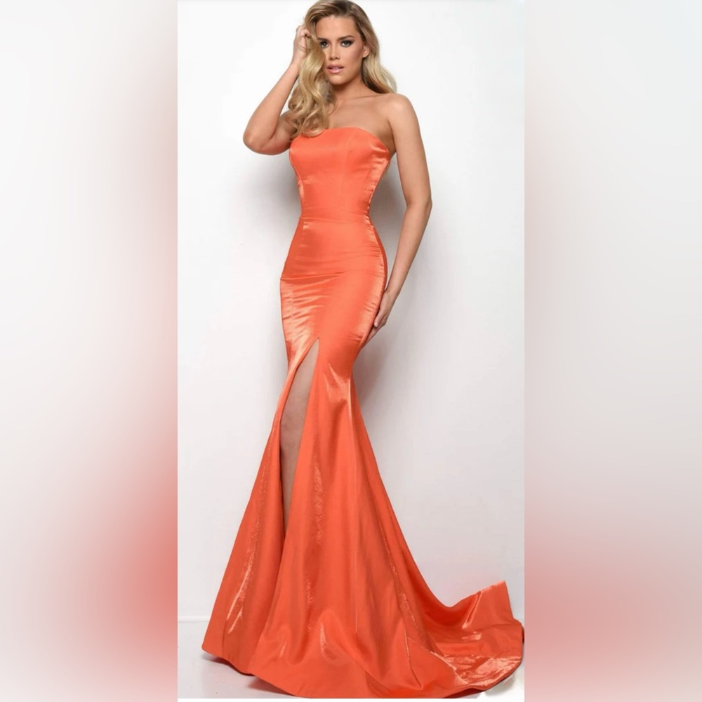 Jasz Couture - Strapless High Slit Satin Mermaid Dress 7035 - 1 pc Orange